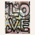 Love by Beth James — graffiti-style LOVE in black over pink, blue and yellow, 48 x 60