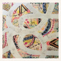 My Pattern by Beth James — mixed media abstract with vintage sewing pattern trails over pink, yellow and blue, 48 x 48