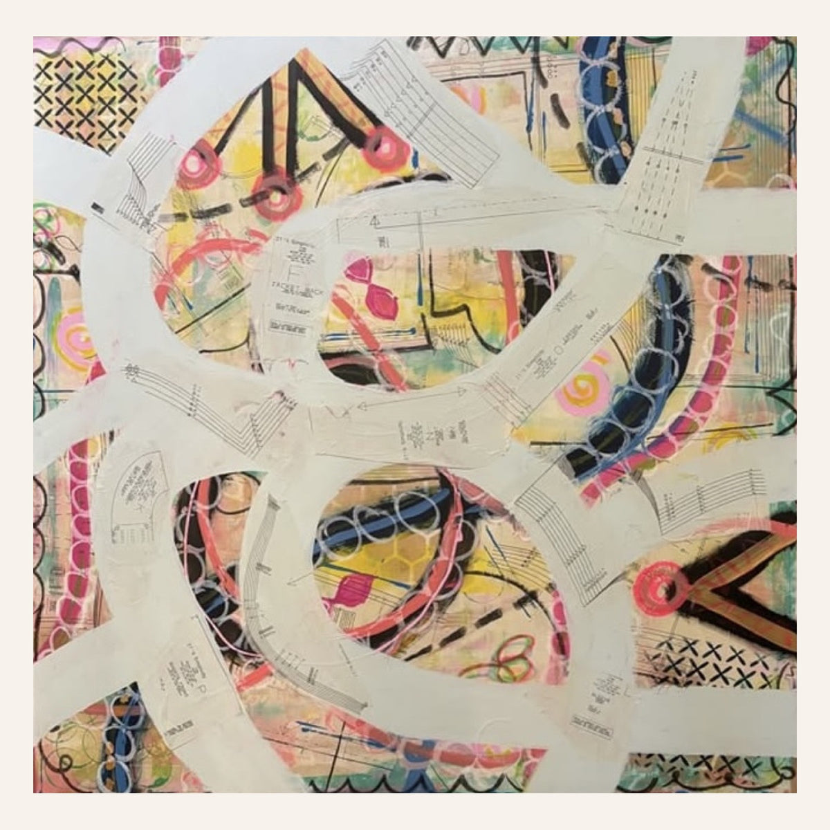 My Pattern by Beth James — mixed media abstract with vintage sewing pattern trails over pink, yellow and blue, 48 x 48